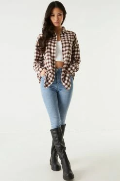 Stitches Ladies Tops Oversized Brown Plaid Flannel Button-Up Top