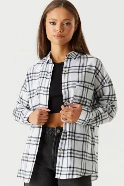 Stitches Ladies Oversized Plaid Ivory Flannel Button-Up Top Tops