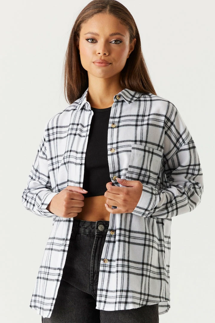 Stitches Ladies Oversized Plaid Ivory Flannel Button-Up Top Tops 1 Stitches Ladies Oversized Plaid Ivory Flannel Button-Up Top Tops