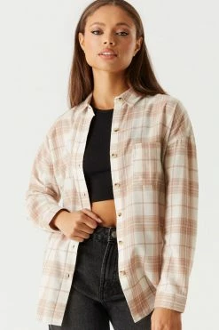 Stitches Ladies Tops Oversized Plaid Flannel Button-Up Top