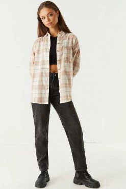 Stitches Ladies Tops Oversized Plaid Flannel Button-Up Top 5 Stitches Ladies Tops Oversized Plaid Flannel Button-Up Top