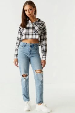 Stitches Ladies Cropped Black Plaid Flannel Button-Up Top