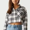 Stitches Ladies Cropped Black Plaid Flannel Button-Up Top
