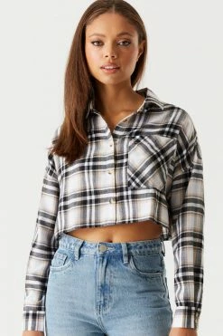 Stitches Ladies Cropped Black Plaid Flannel Button-Up Top