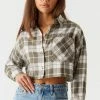 Stitches Ladies Tops Cropped Plaid Flannel Button-Up Top