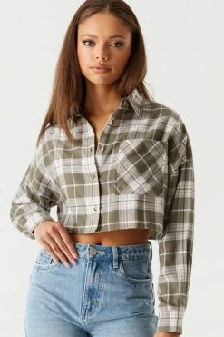 Stitches Ladies Tops Cropped Plaid Flannel Button-Up Top