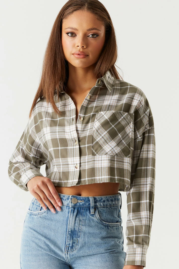Stitches Ladies Tops Cropped Plaid Flannel Button-Up Top 1 Stitches Ladies Tops Cropped Plaid Flannel Button-Up Top