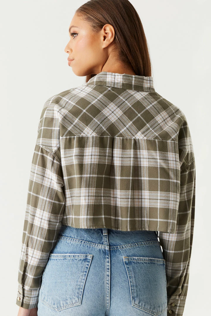 Stitches Ladies Tops Cropped Plaid Flannel Button-Up Top 2 Stitches Ladies Tops Cropped Plaid Flannel Button-Up Top