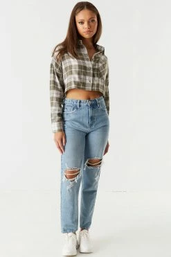 Stitches Ladies Tops Cropped Plaid Flannel Button-Up Top 5 Stitches Ladies Tops Cropped Plaid Flannel Button-Up Top