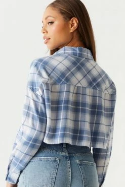 Stitches Ladies Cropped Blue Plaid Flannel Button-Up Top Tops