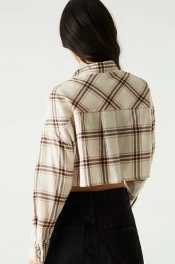 Stitches Ladies Tops Cropped Taupe Plaid Flannel Button-Up Top
