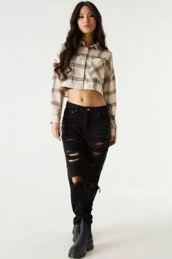Stitches Ladies Tops Cropped Taupe Plaid Flannel Button-Up Top