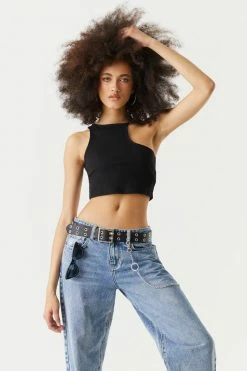 Stitches Ladies Ribbed One Shoulder High-Neck Cropped Top Tops