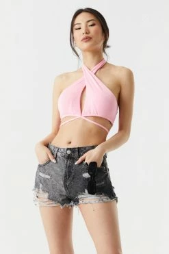 Stitches Ladies Cross Front Self-Tie Halter Neck Cropped Top
