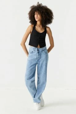 Stitches Ladies Ribbed Ruched Self-Tie Front Halter Top