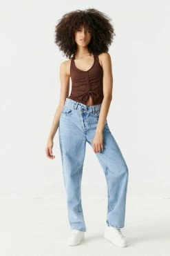 Stitches Ladies Ribbed Ruched Self-Tie Front Halter Top