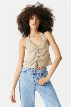 Stitches Ladies Ribbed Ruched Self-Tie Front Halter Top