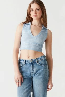 Stitches Ladies Soft Ribbed Space Dye Collared V-Neck Cropped Top 12 Stitches Ladies Soft Ribbed Space Dye Collared V-Neck Cropped Top