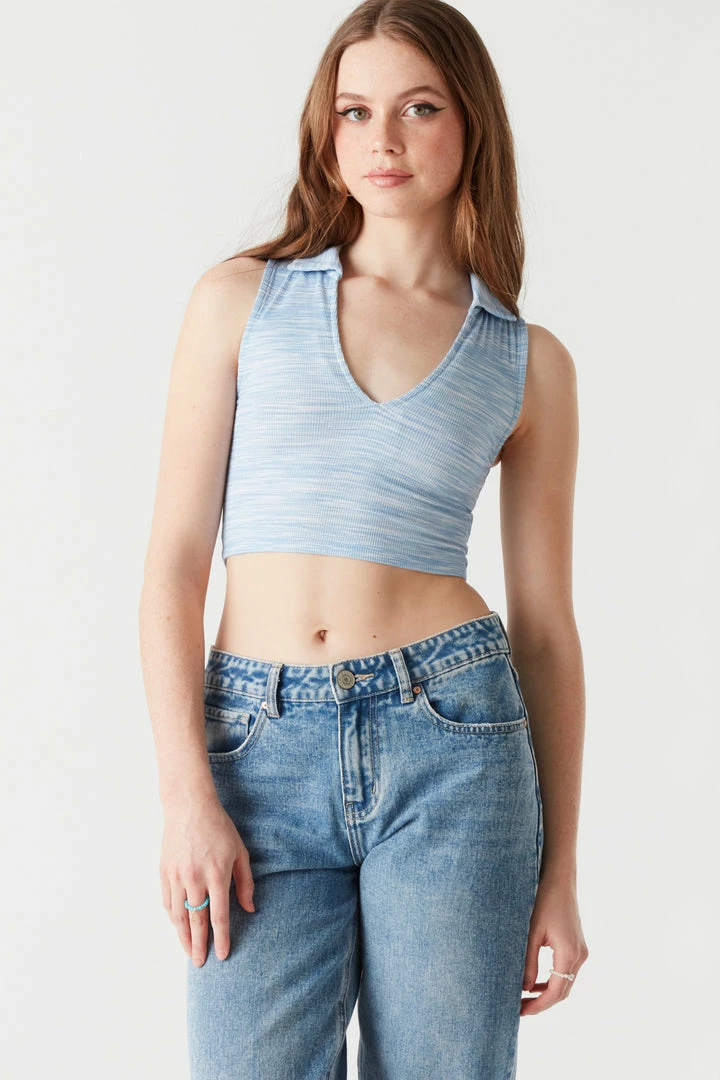 Stitches Ladies Soft Ribbed Space Dye Collared V-Neck Cropped Top 5 Stitches Ladies Soft Ribbed Space Dye Collared V-Neck Cropped Top
