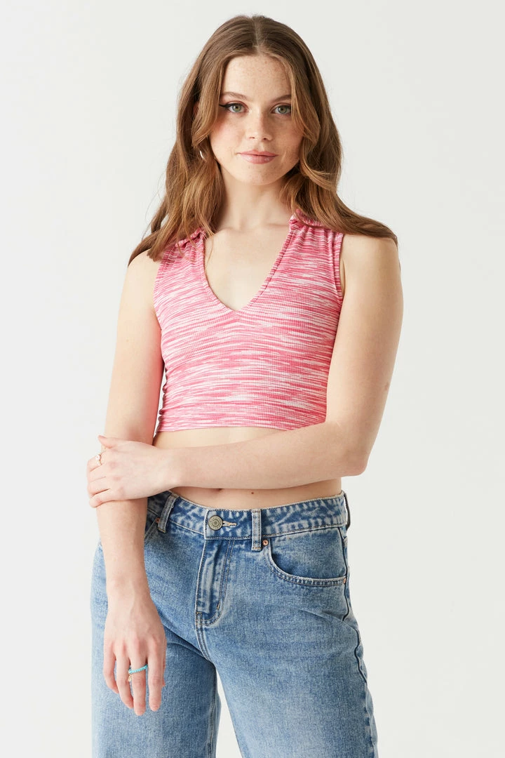 Stitches Ladies Soft Ribbed Space Dye Collared V-Neck Cropped Top 7 Stitches Ladies Soft Ribbed Space Dye Collared V-Neck Cropped Top