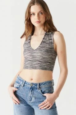 Stitches Ladies Soft Ribbed Space Dye Collared V-Neck Cropped Top