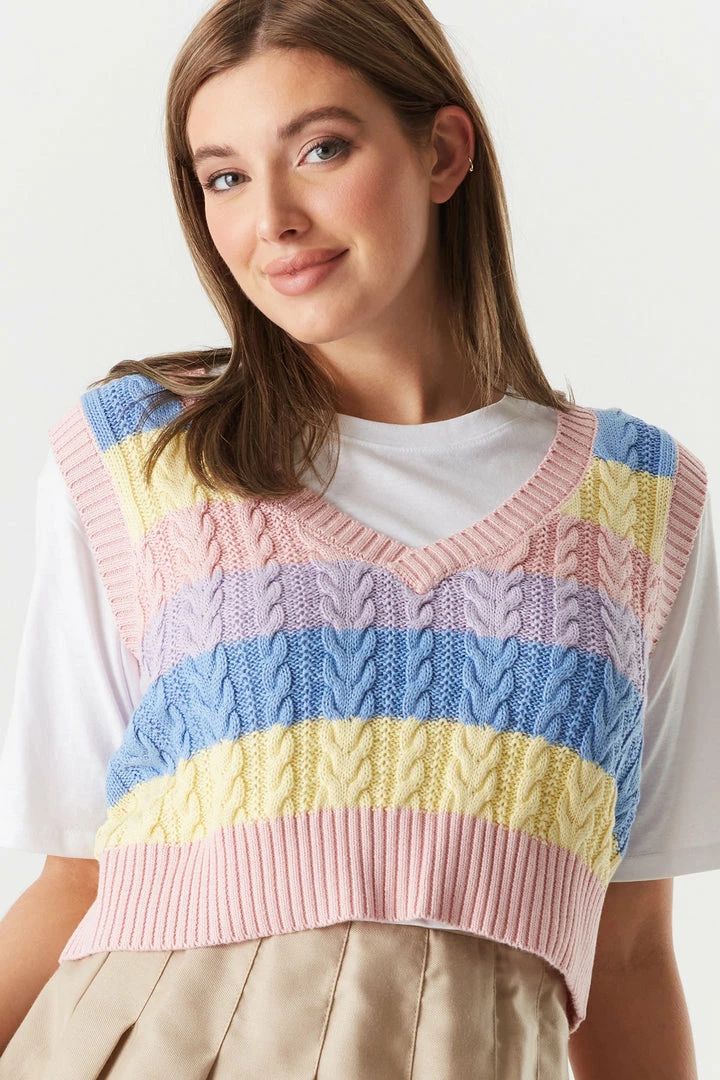 Stitches Ladies Tops Colour Blocked Cable Knit Cropped Sweater Vest 1 Stitches Ladies Tops Colour Blocked Cable Knit Cropped Sweater Vest