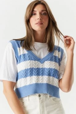 Stitches Ladies Striped Cable Knit Cropped Sweater Vest Tops