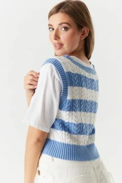 Stitches Ladies Striped Cable Knit Cropped Sweater Vest Tops
