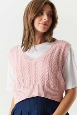 Stitches Ladies Cable Knit Cropped Sweater Vest Tops