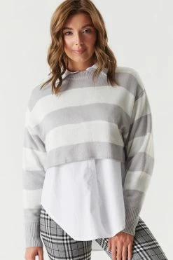 Stitches Ladies Relaxed Dolman Sleeve Striped Cropped Sweater