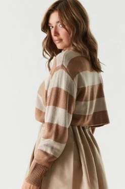 Stitches Ladies Relaxed Dolman Sleeve Striped Cropped Sweater