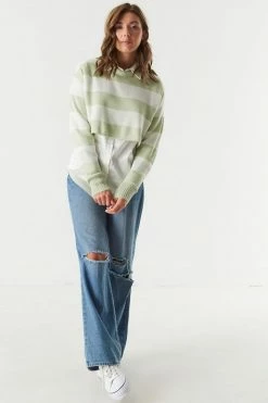 Stitches Ladies Relaxed Dolman Sleeve Striped Cropped Sweater