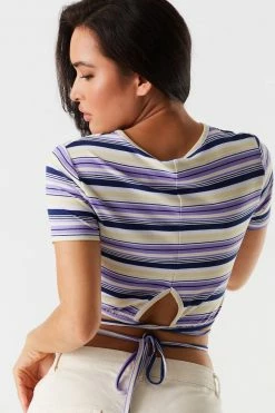 Stitches Ladies Purple Striped Soft Cinched Hem Wrap Tie Cropped Top Tops