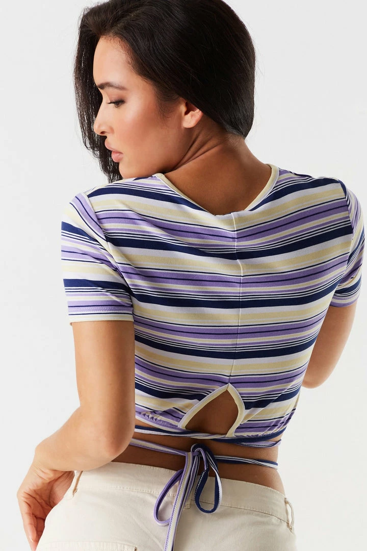 Stitches Ladies Purple Striped Soft Cinched Hem Wrap Tie Cropped Top Tops 2 Stitches Ladies Purple Striped Soft Cinched Hem Wrap Tie Cropped Top Tops