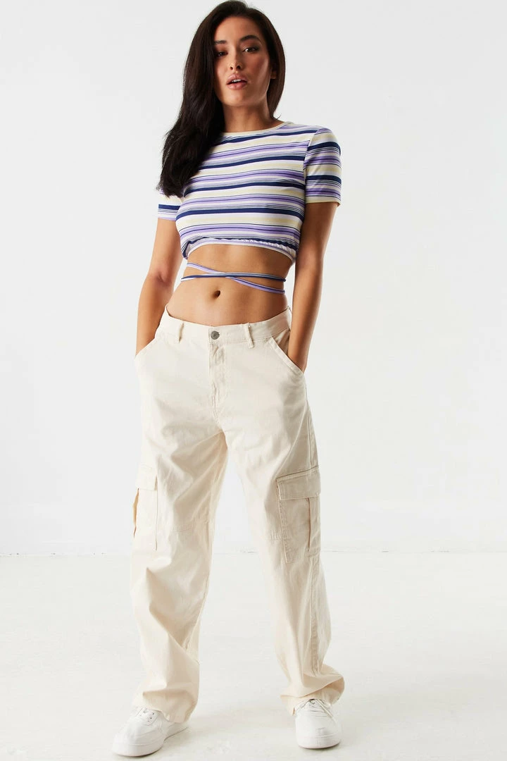 Stitches Ladies Purple Striped Soft Cinched Hem Wrap Tie Cropped Top Tops 3 Stitches Ladies Purple Striped Soft Cinched Hem Wrap Tie Cropped Top Tops