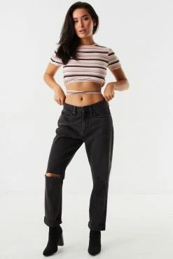 Stitches Ladies Tops Pink Striped Soft Cinched Hem Wrap Tie Cropped Top