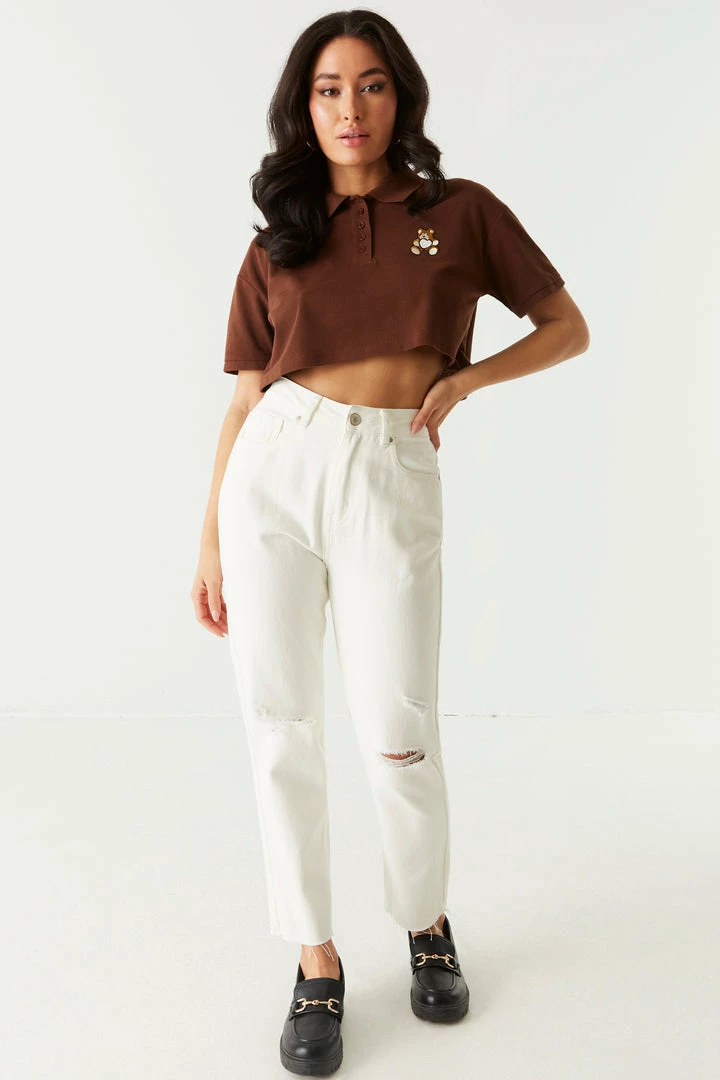 Stitches Ladies Teddy Bear Embroidered Boxy Crop Polo 3 Stitches Ladies Teddy Bear Embroidered Boxy Crop Polo
