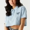 Stitches Ladies Blue Butterfly Embroidered Boxy Crop Polo