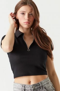 Stitches Ladies Ribbed Quarter Zip Cropped Polo Top Tops