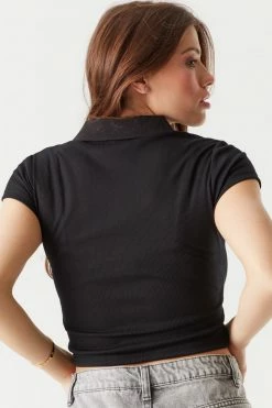 Stitches Ladies Ribbed Quarter Zip Cropped Polo Top Tops