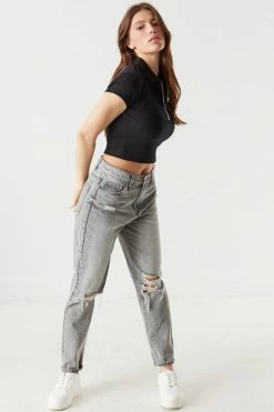 Stitches Ladies Ribbed Quarter Zip Cropped Polo Top Tops