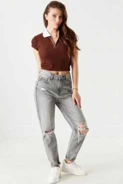 Stitches Ladies Ribbed Quarter Zip Cropped Polo Top Tops