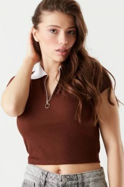 Stitches Ladies Ribbed Quarter Zip Cropped Polo Top Tops