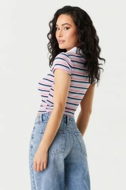 Stitches Ladies Ribbed Striped Quarter Zip Cropped Polo Top