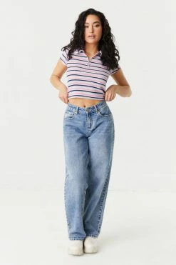 Stitches Ladies Ribbed Striped Quarter Zip Cropped Polo Top