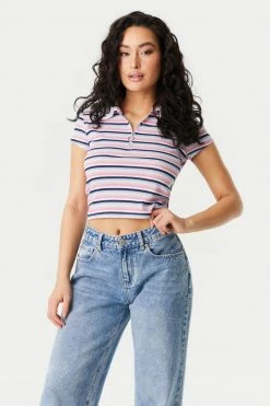 Stitches Ladies Ribbed Striped Quarter Zip Cropped Polo Top