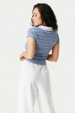 Stitches Ladies Ribbed Striped Quarter Zip Cropped Polo Top