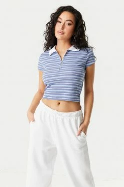 Stitches Ladies Ribbed Striped Quarter Zip Cropped Polo Top