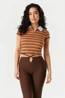 Stitches Ladies Ribbed Striped Quarter Zip Cropped Polo Top