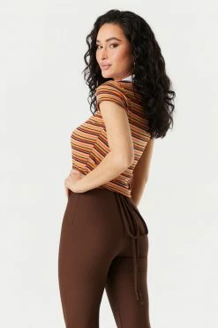 Stitches Ladies Ribbed Striped Quarter Zip Cropped Polo Top